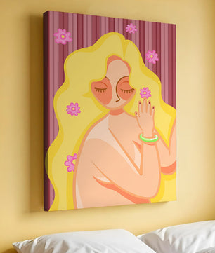 Ilustración abstracta de una mujer serena con el pelo largo y rubio y flores