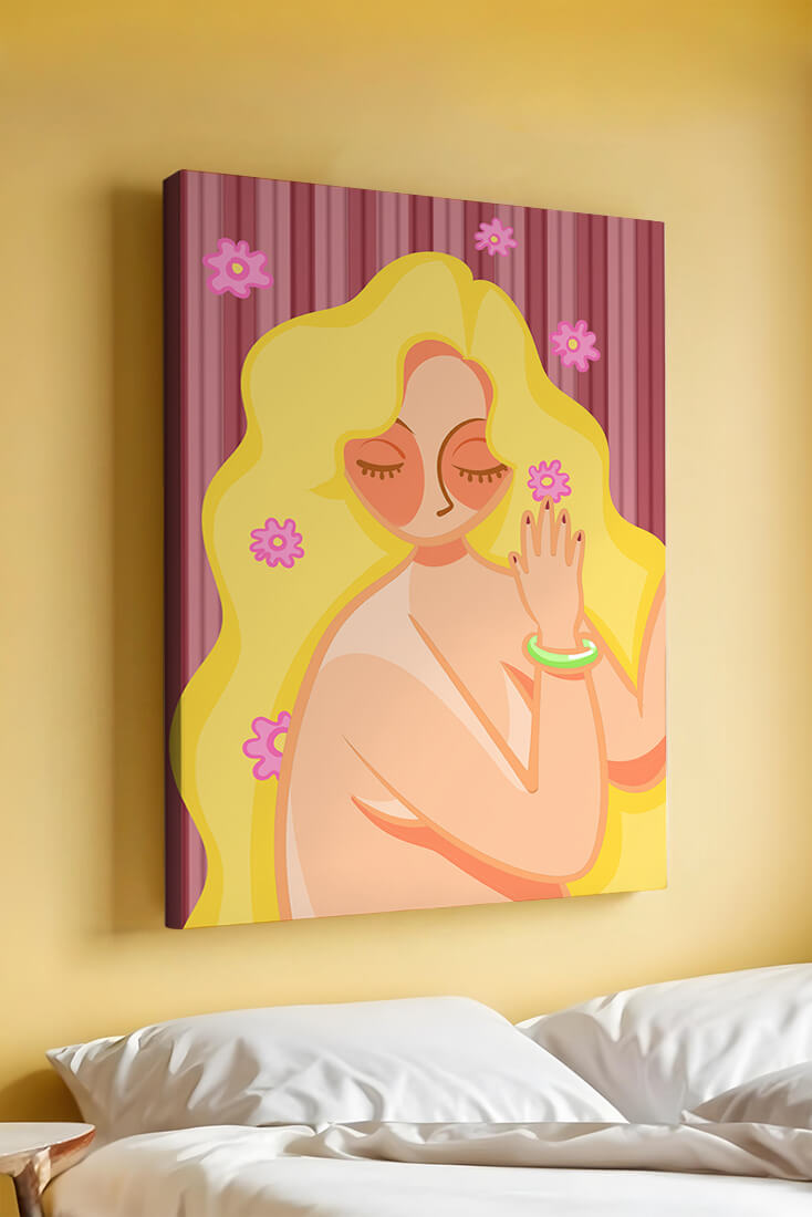 Ilustración abstracta de una mujer serena con el pelo largo y rubio y flores