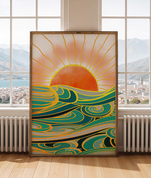 Sunrise over stylized ocean waves with gold accents