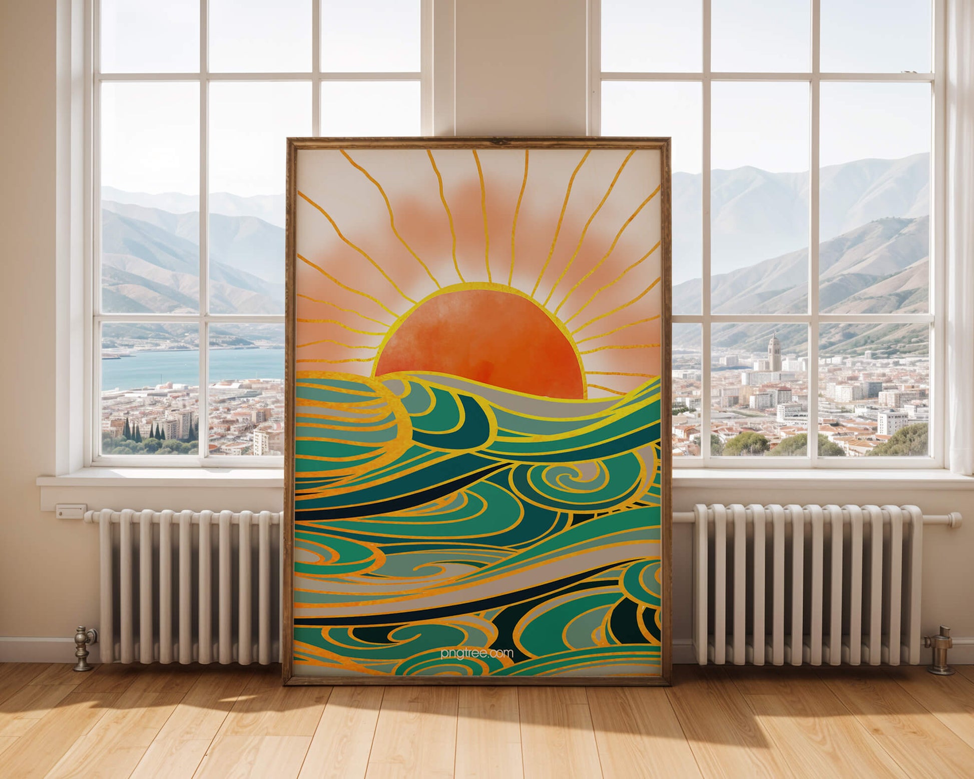 Sunrise over stylized ocean waves with gold accents