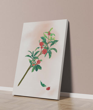 Ilustración detallada de una rama floreciente con flores rojas vivas y hojas verdes exuberantes