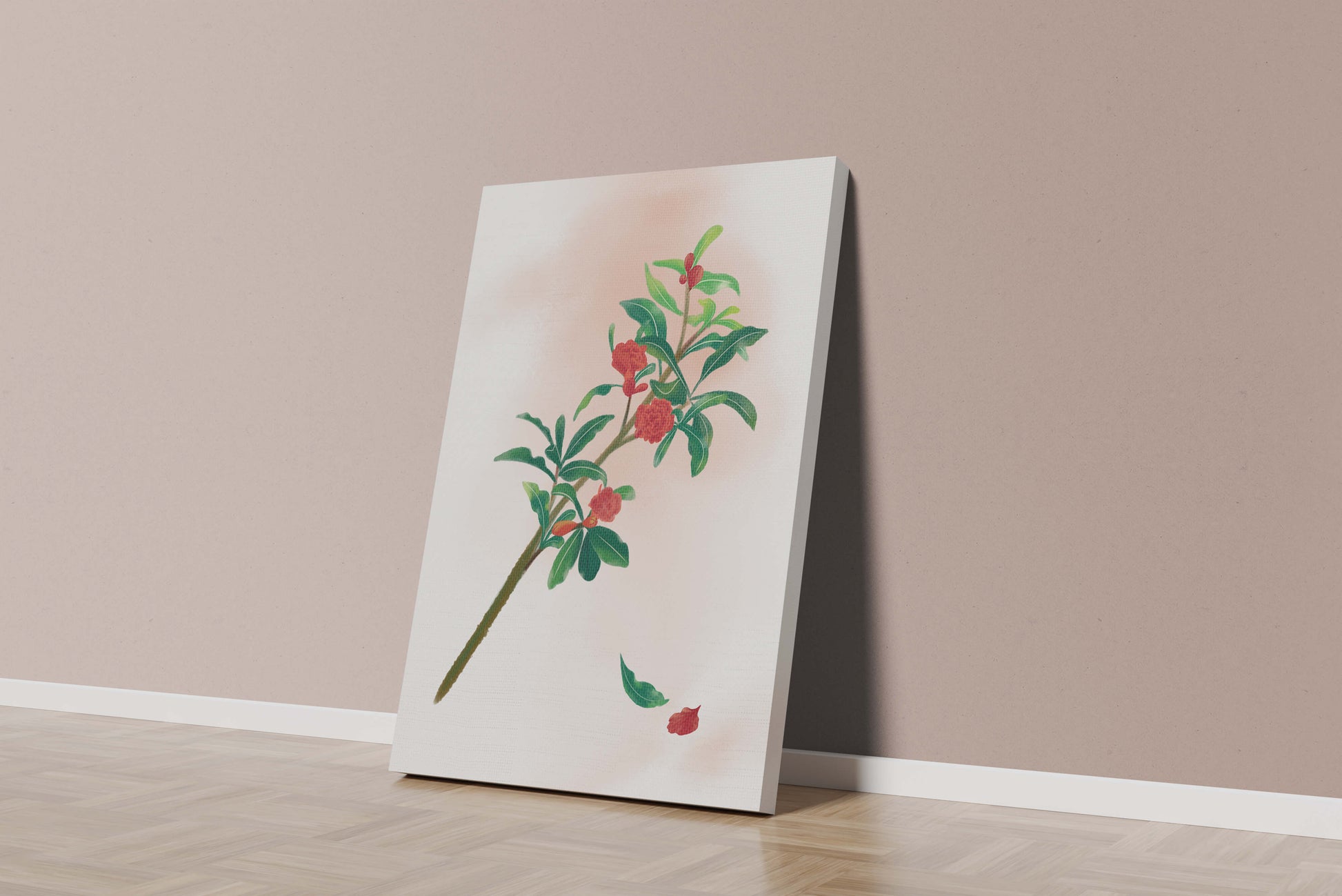 Detailed illustration of a flowering branch with vivid red blooms and lush green leaves