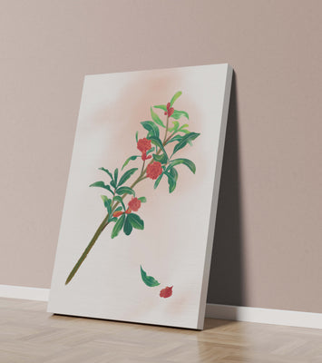 Detailed illustration of a flowering branch with vivid red blooms and lush green leaves
