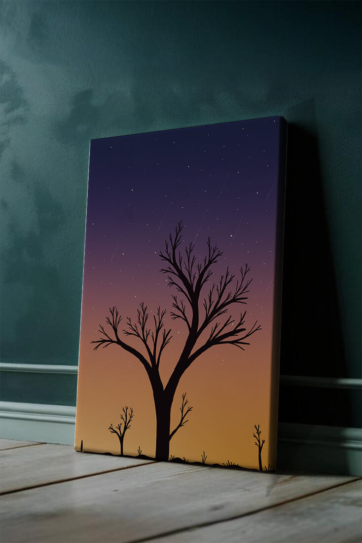 Silhouette Of Tree Against Stunning Sunset Sky With Stars
