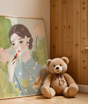 Elegant Woman in Traditional Dress with Lotus and Koi Fish - Mi tienda