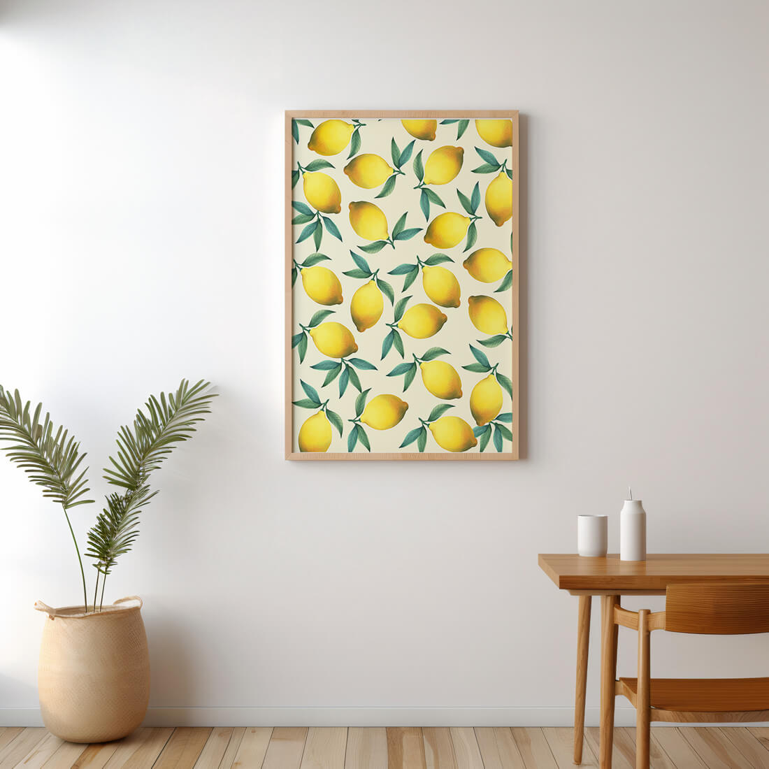 Vibrant lemon pattern with green leaves on a light background