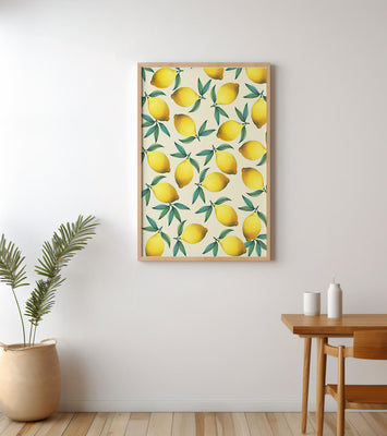 Vibrant lemon pattern with green leaves on a light background