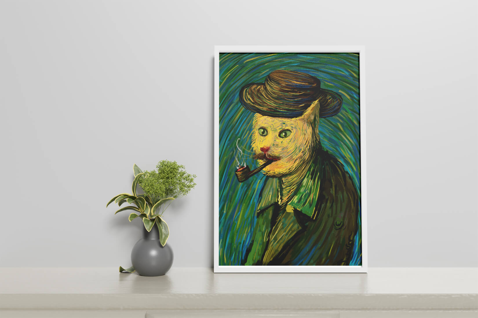 Gato caprichoso fumando una pipa en un estilo pictórico vibrante
