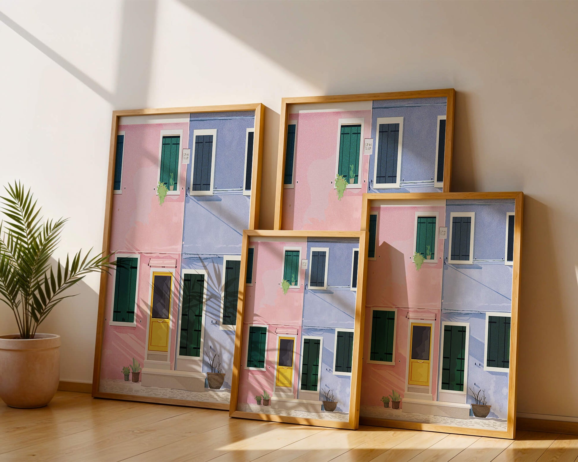Charming pastel houses with colorful doors and windows