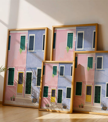 Charming pastel houses with colorful doors and windows
