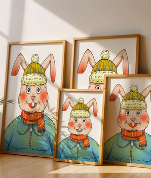 Whimsical cartoon bunny in winter attire with a striped scarf and beanie hat