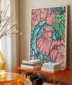 Elegant floral pattern illustration with pink blossoms and green leaves