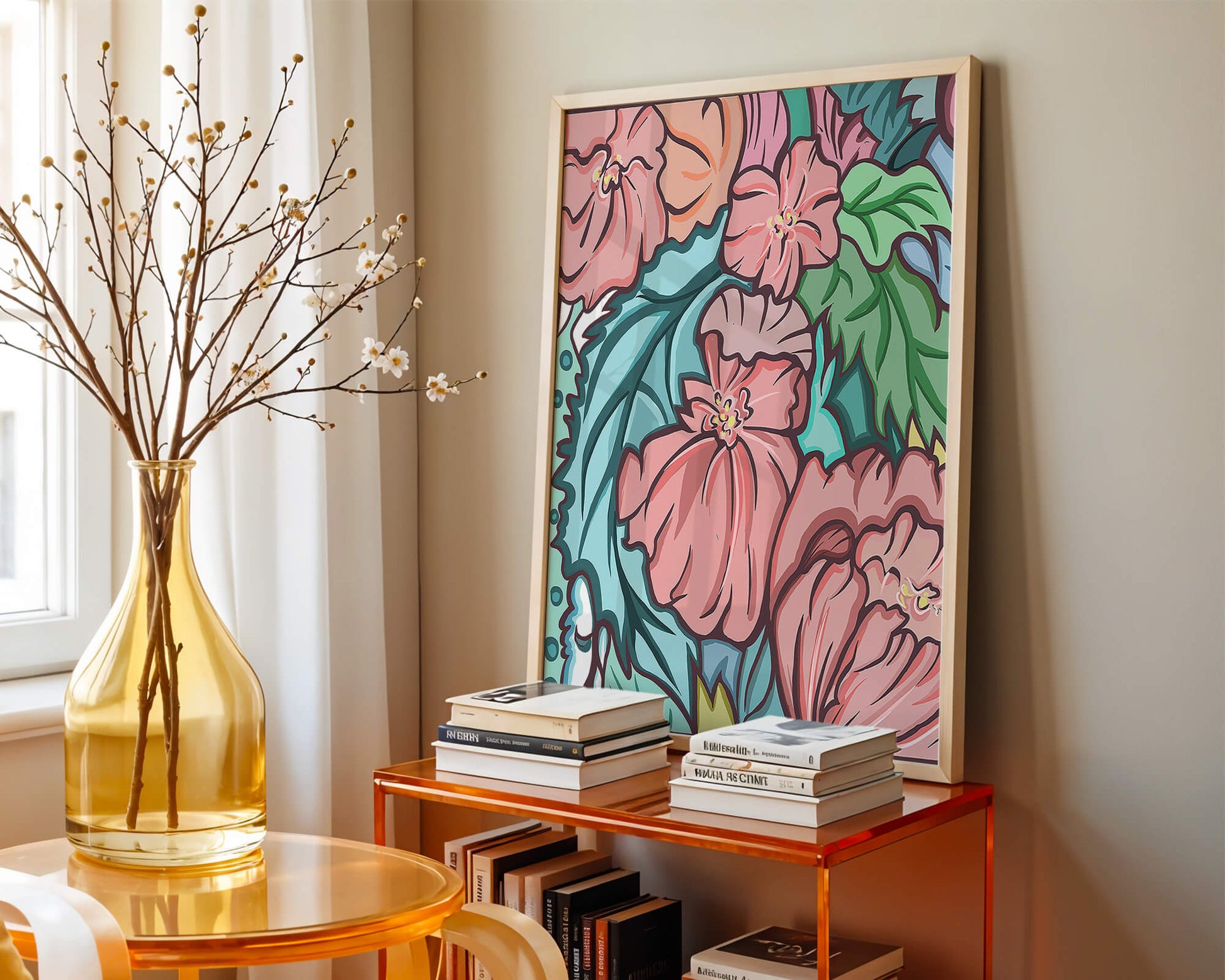 Elegant floral pattern illustration with pink blossoms and green leaves