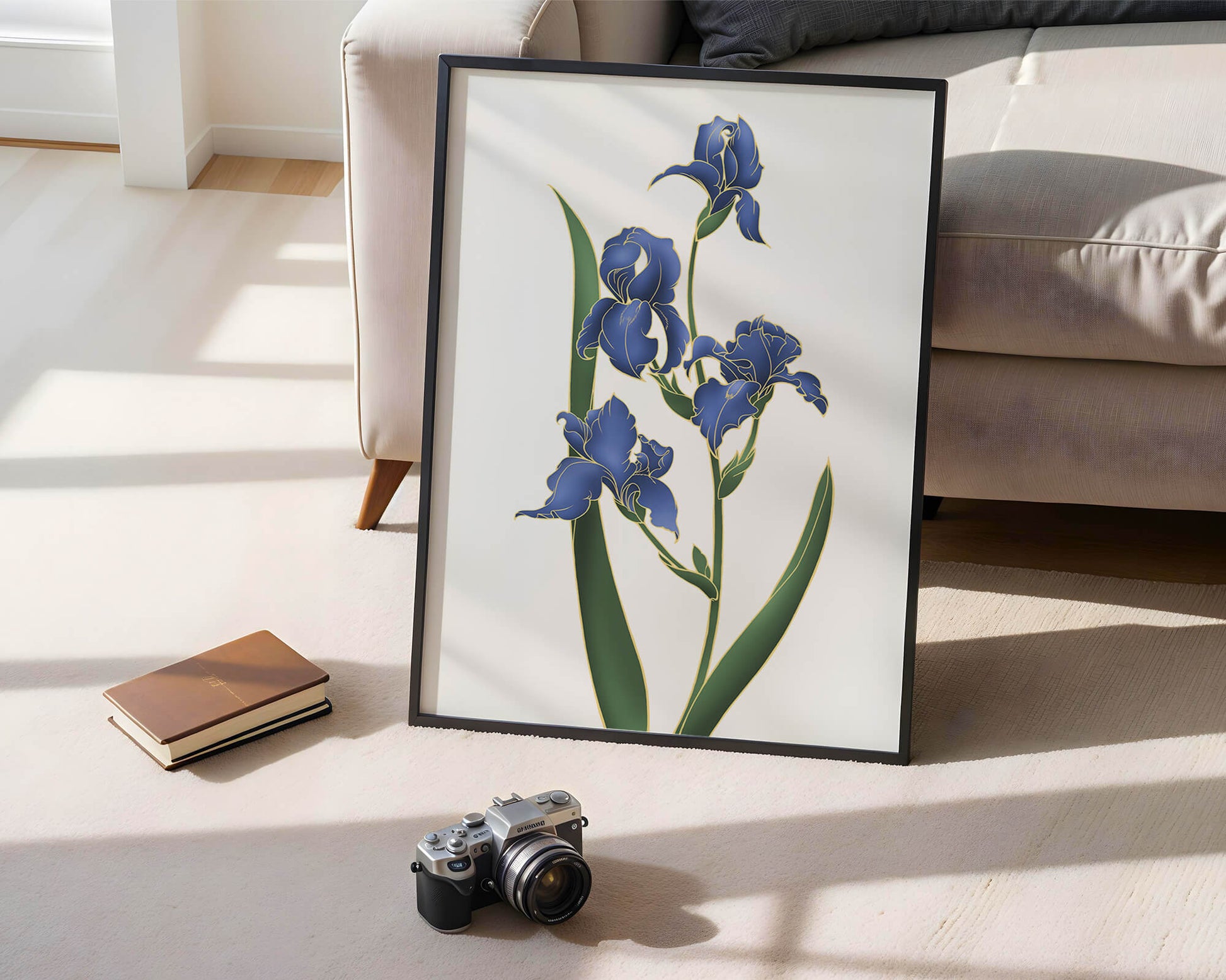 Flores de lirio azul elegantes con acentos dorados sobre un fondo blanco