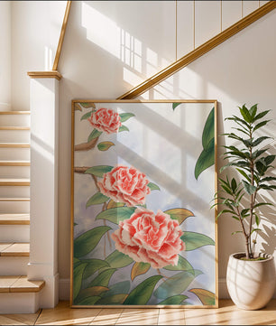 Illustrated pink carnations with green leaves in serene botanical art
