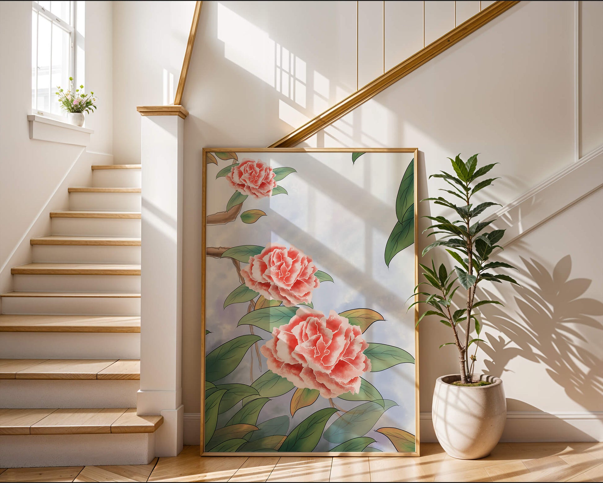 Illustrated pink carnations with green leaves in serene botanical art
