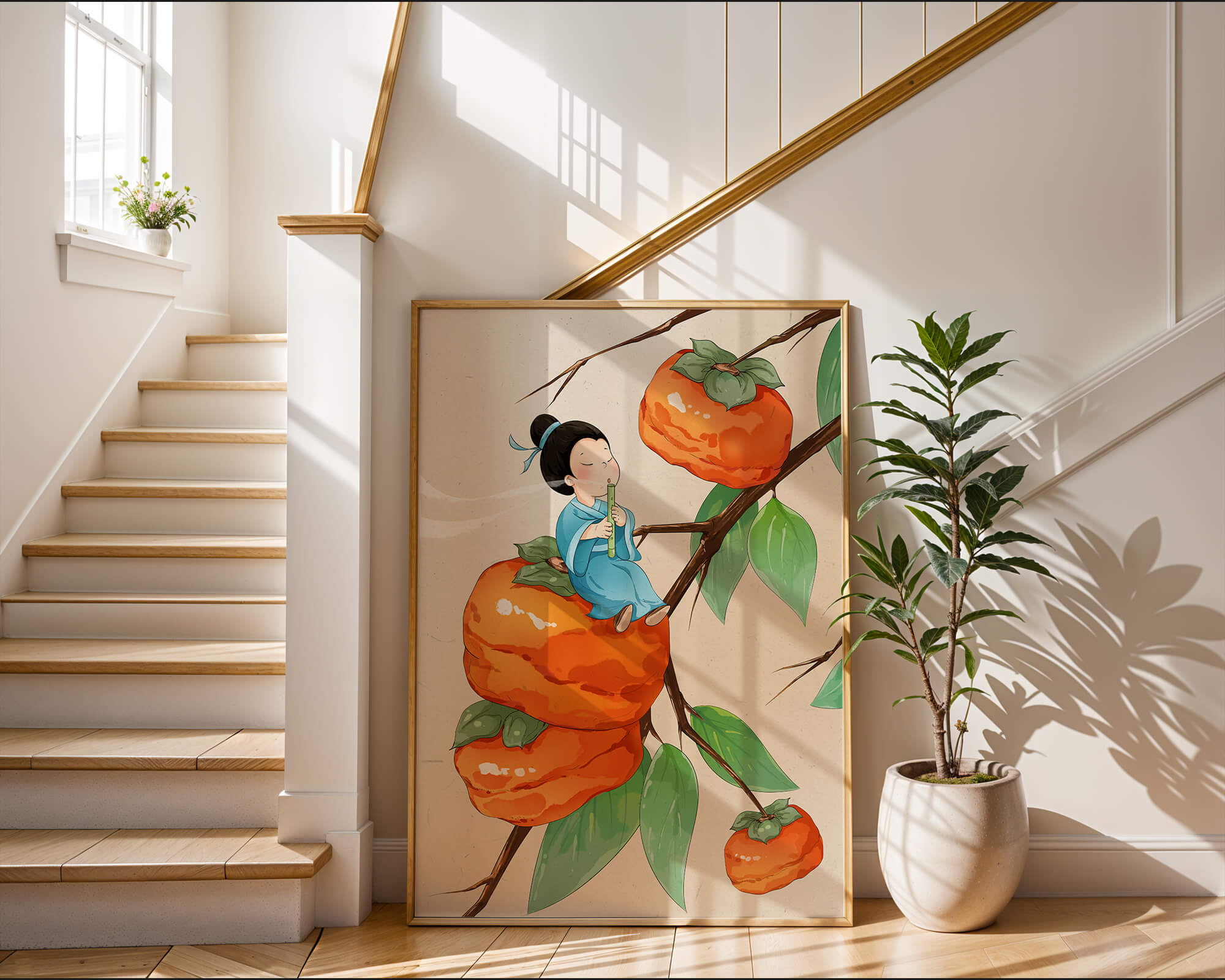 Child playing flute on persimmon-filled tree in whimsical illustration