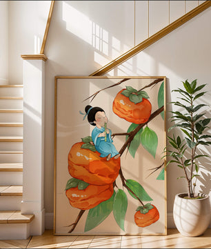 Child playing flute on persimmon-filled tree in whimsical illustration