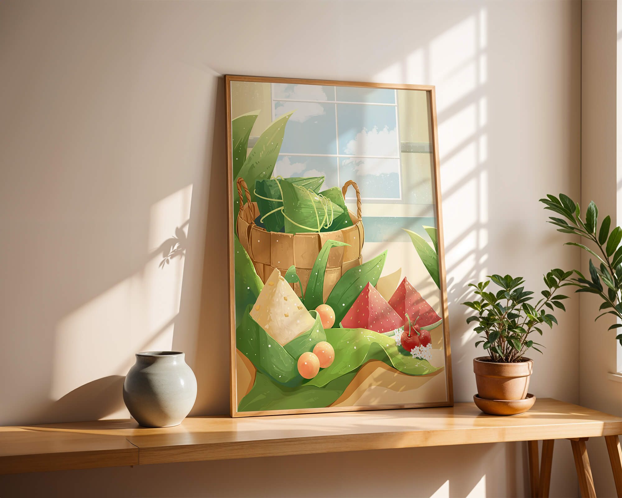 Serene kitchen scene with basket of fruits and leaves