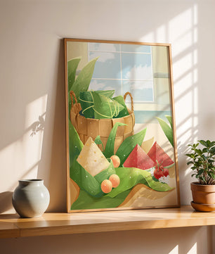Scène de cuisine sereine avec un panier de fruits et de feuilles