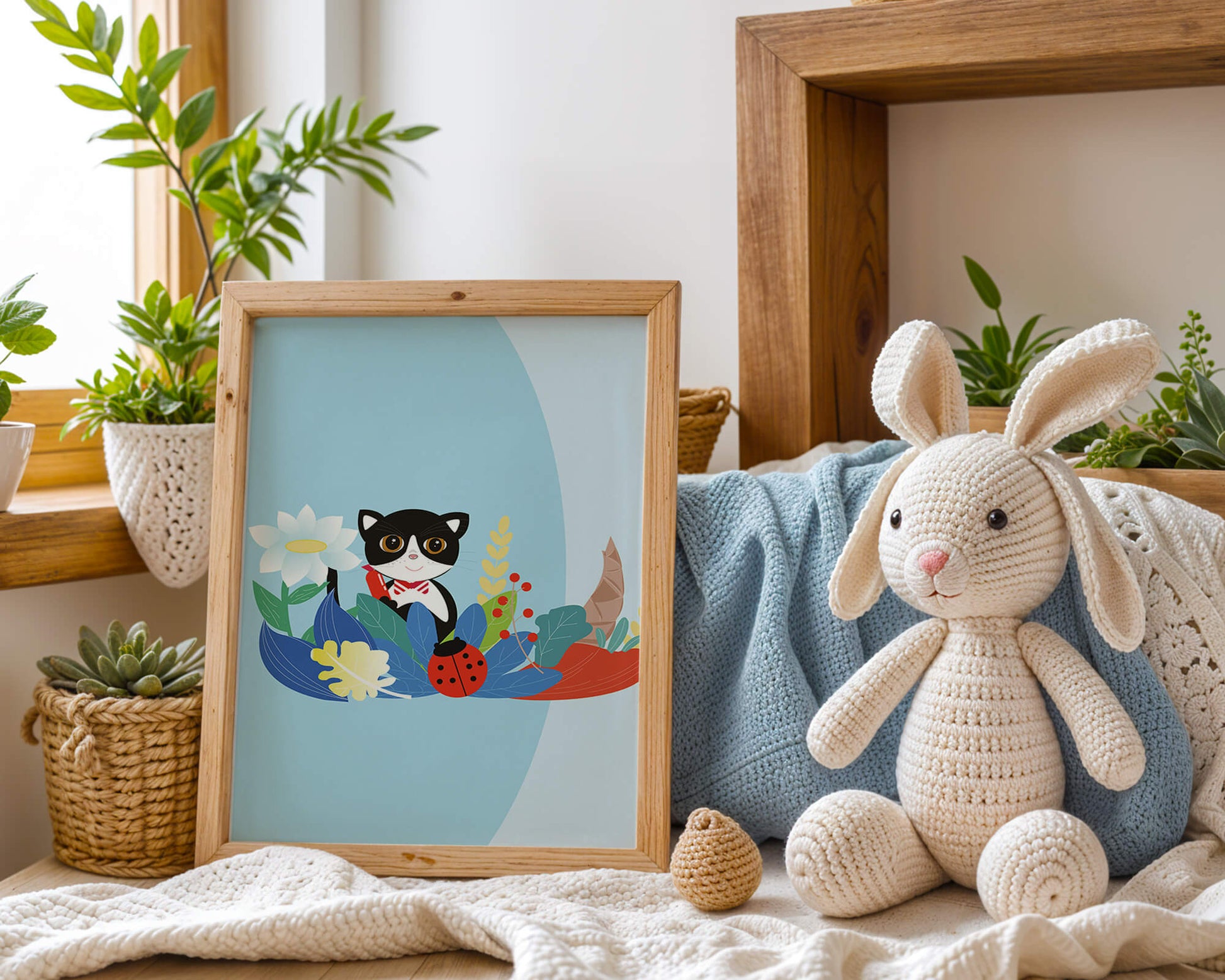 Ilustración de un gato con mariquita y flores sobre fondo azul claro