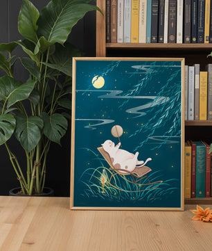 Adorable ilustración de un gato relajándose en un jardín iluminado por la luna con linterna