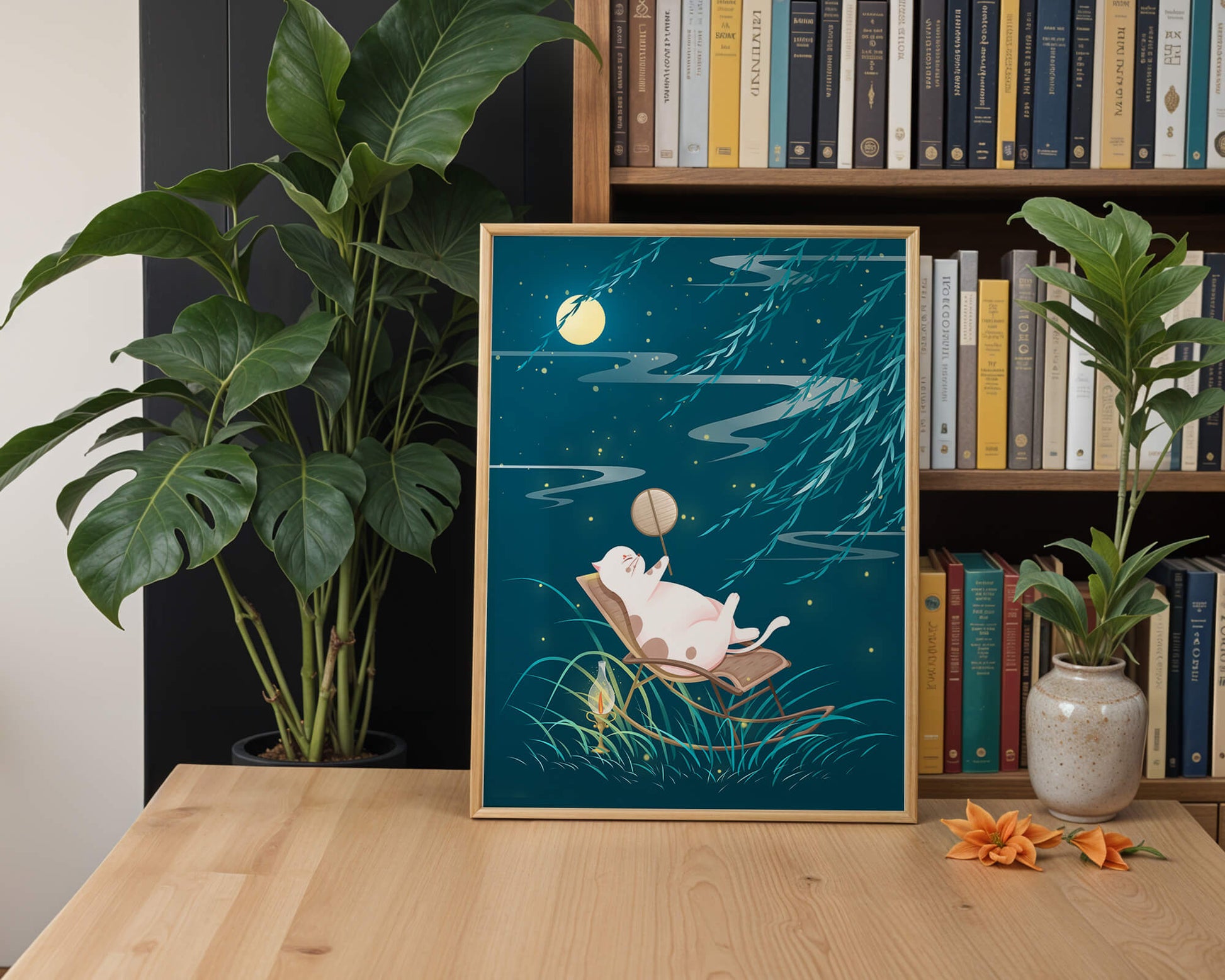 Adorable ilustración de un gato relajándose en un jardín iluminado por la luna con linterna