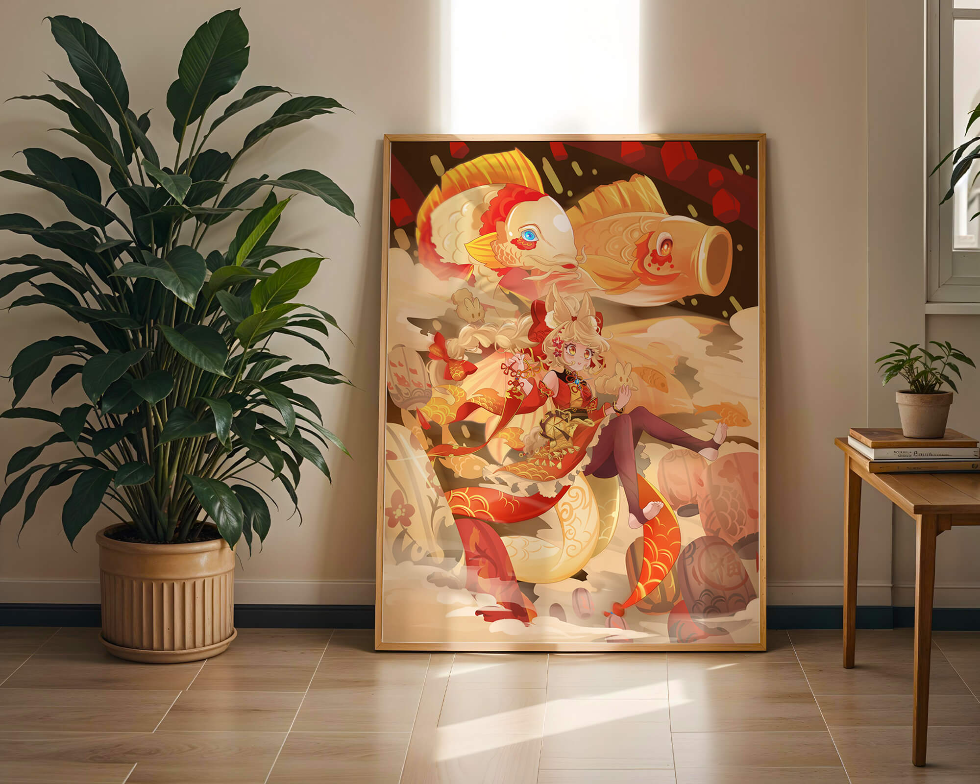 Vibrant anime character with mythical koi fishes and lanterns in dynamic scene