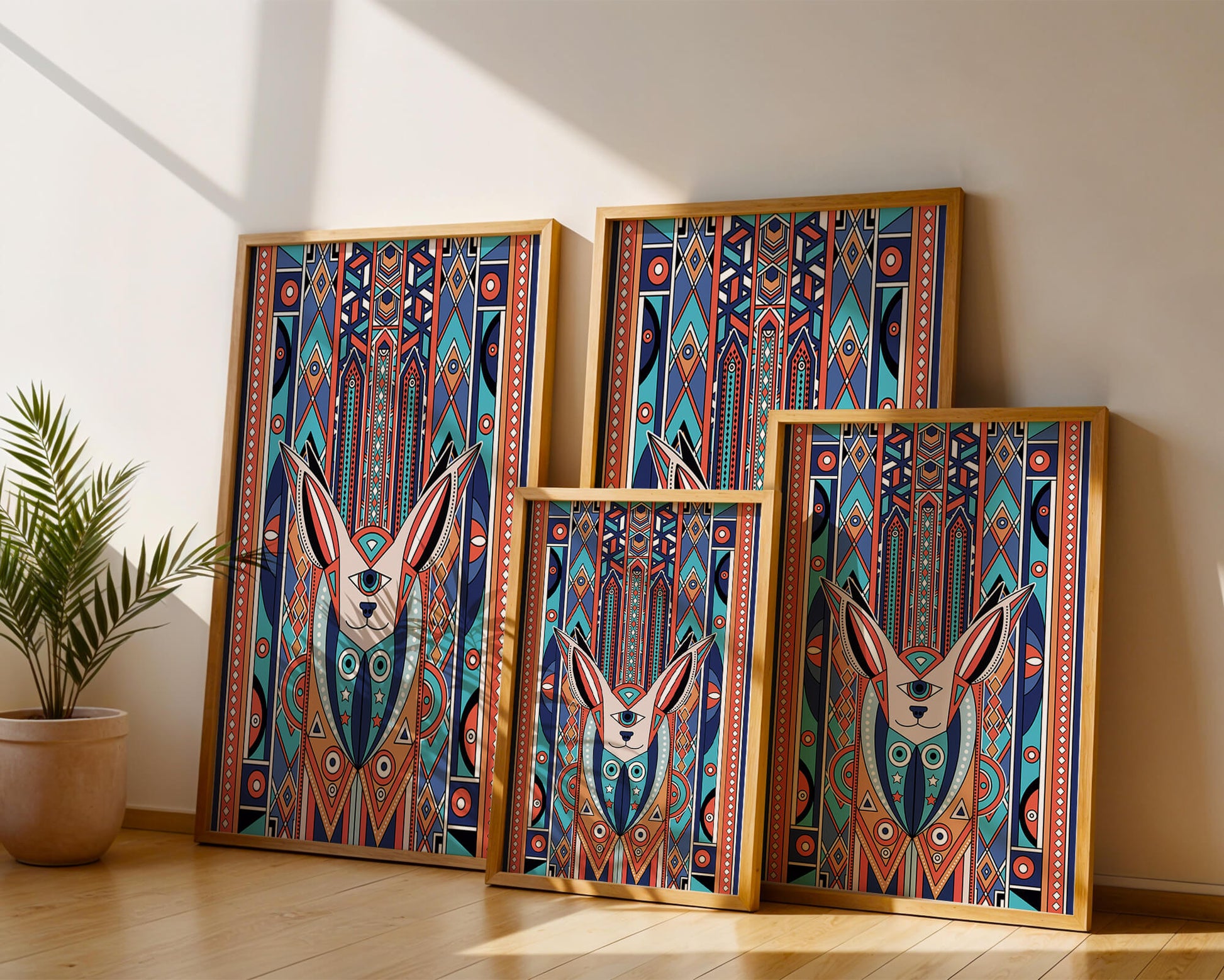 Diseño geométrico abstracto con motivo animal y patrones vibrantes