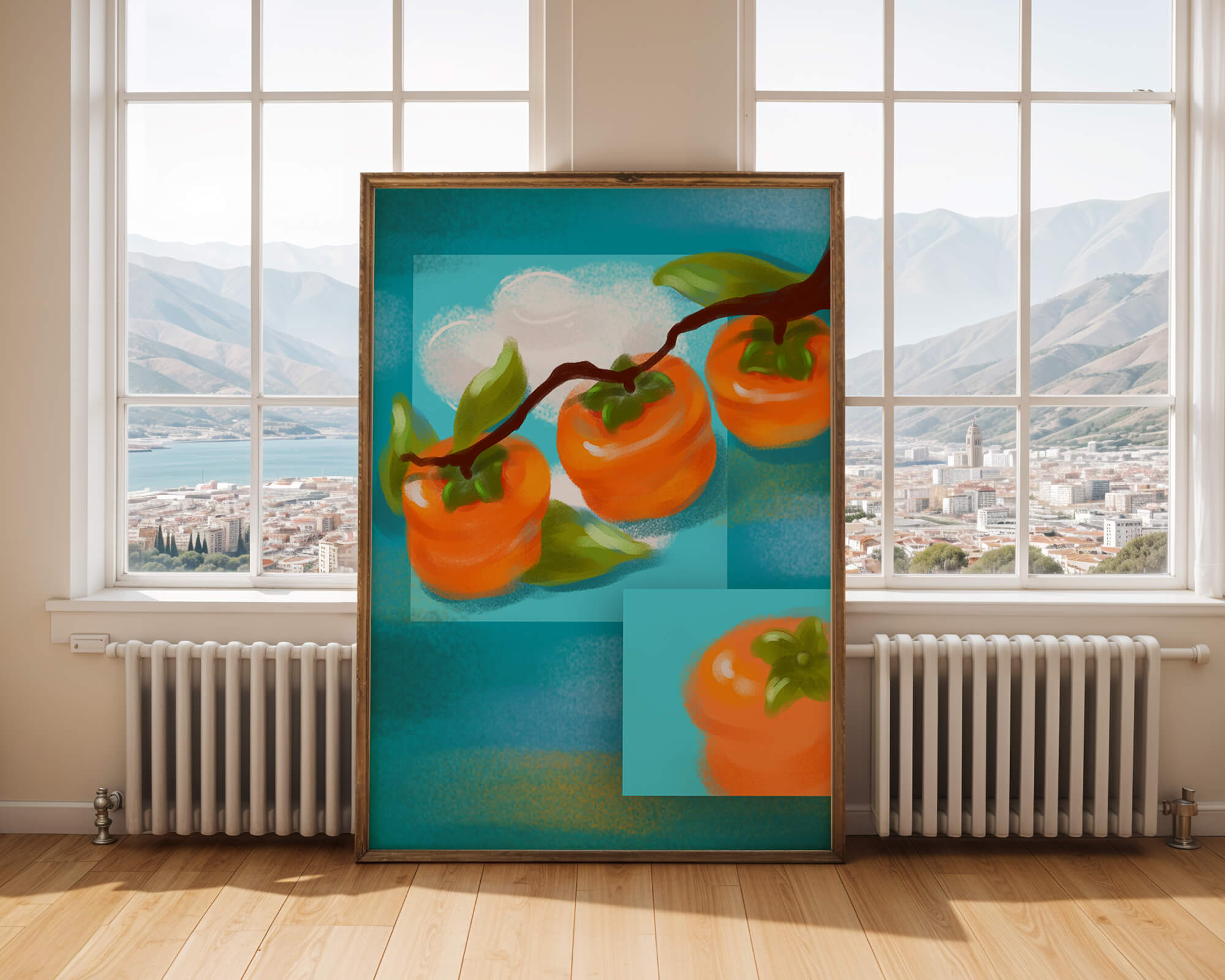 Vibrant persimmons on a branch with a blue background