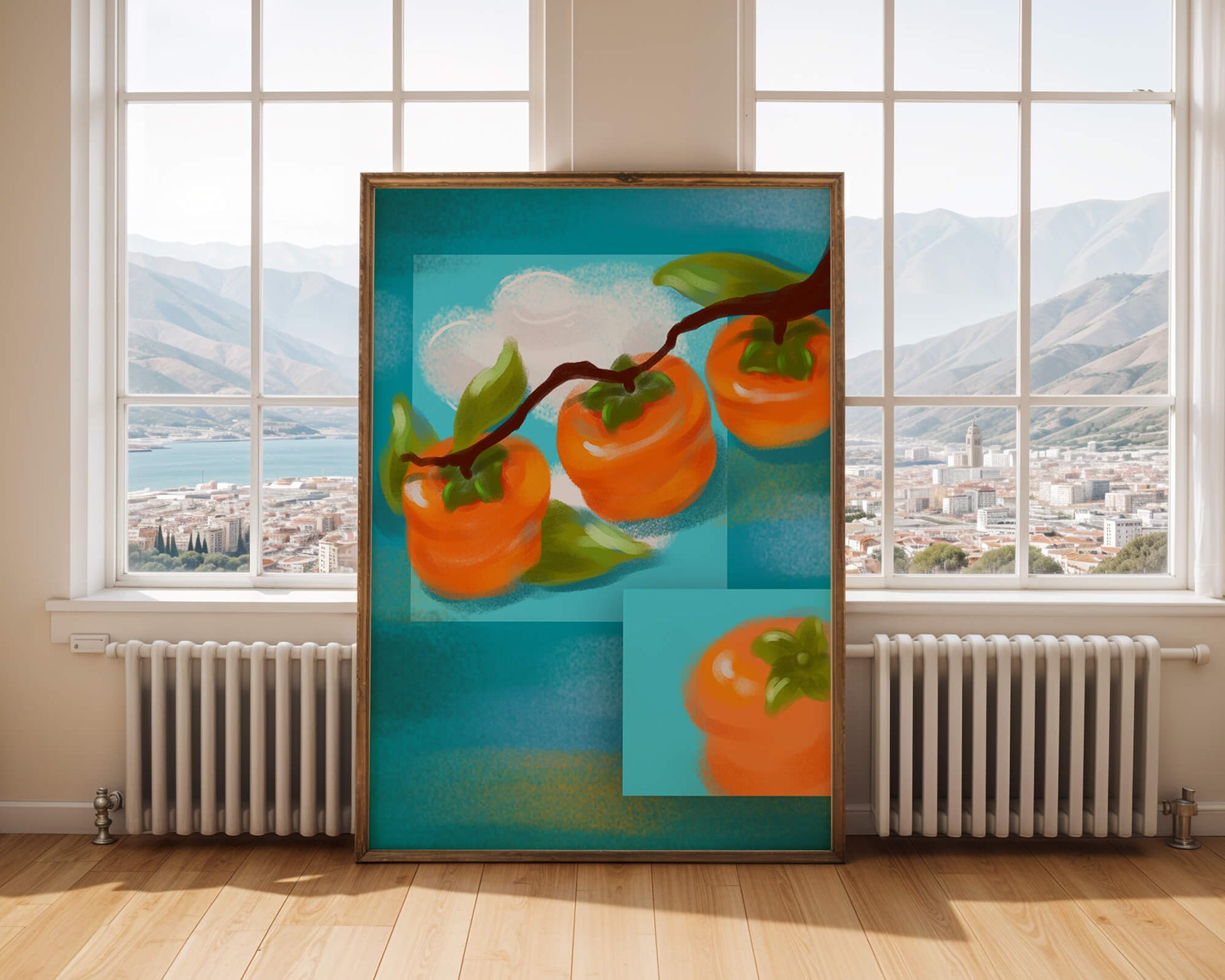 Vibrant persimmons on a branch with a blue background