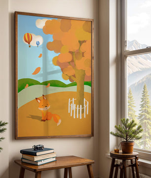 Herbstszene mit einem süßen Fuchs, Heißluftballons und einem bunten Baum