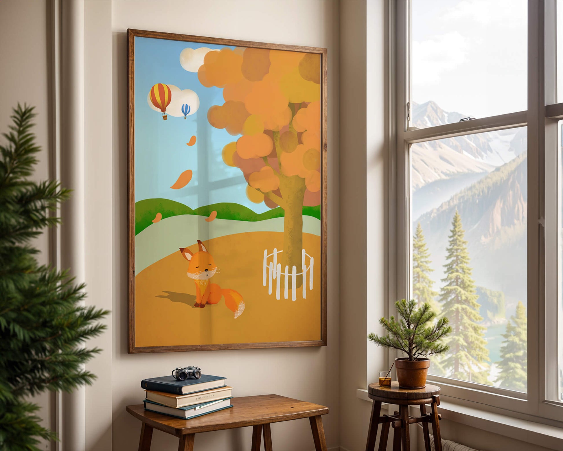 Herbstszene mit einem süßen Fuchs, Heißluftballons und einem bunten Baum