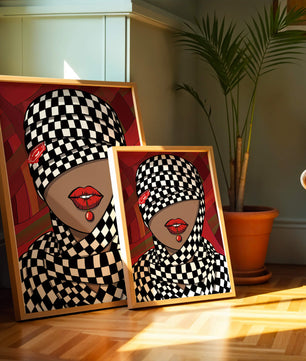 Abstract Art of Woman with Checkered Pattern and Red Lips - Mi tienda