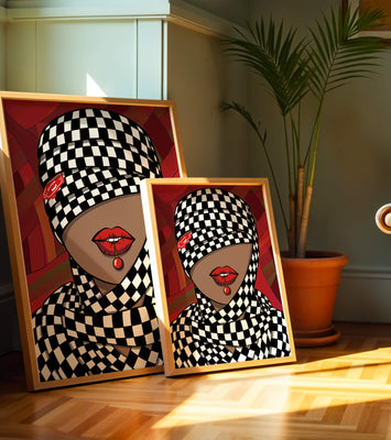 Abstract Art of Woman with Checkered Pattern and Red Lips