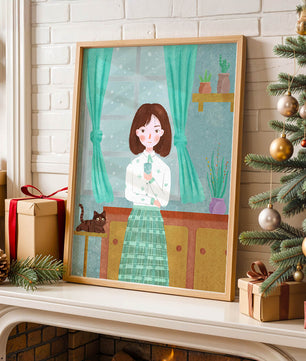 Charming Illustration of Woman and Cat in Cozy Living Room