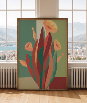 Abstract floral illustration with bold colors and geometric background