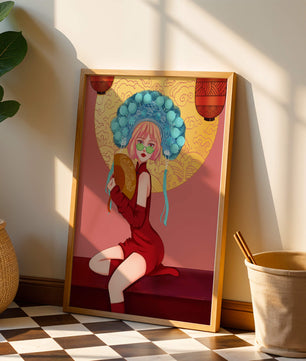 Elegante Illustration einer Frau in traditioneller Kleidung mit einem Fächer