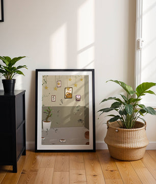Habitación acogedora con decoraciones de estrellas y obra de arte de gatos