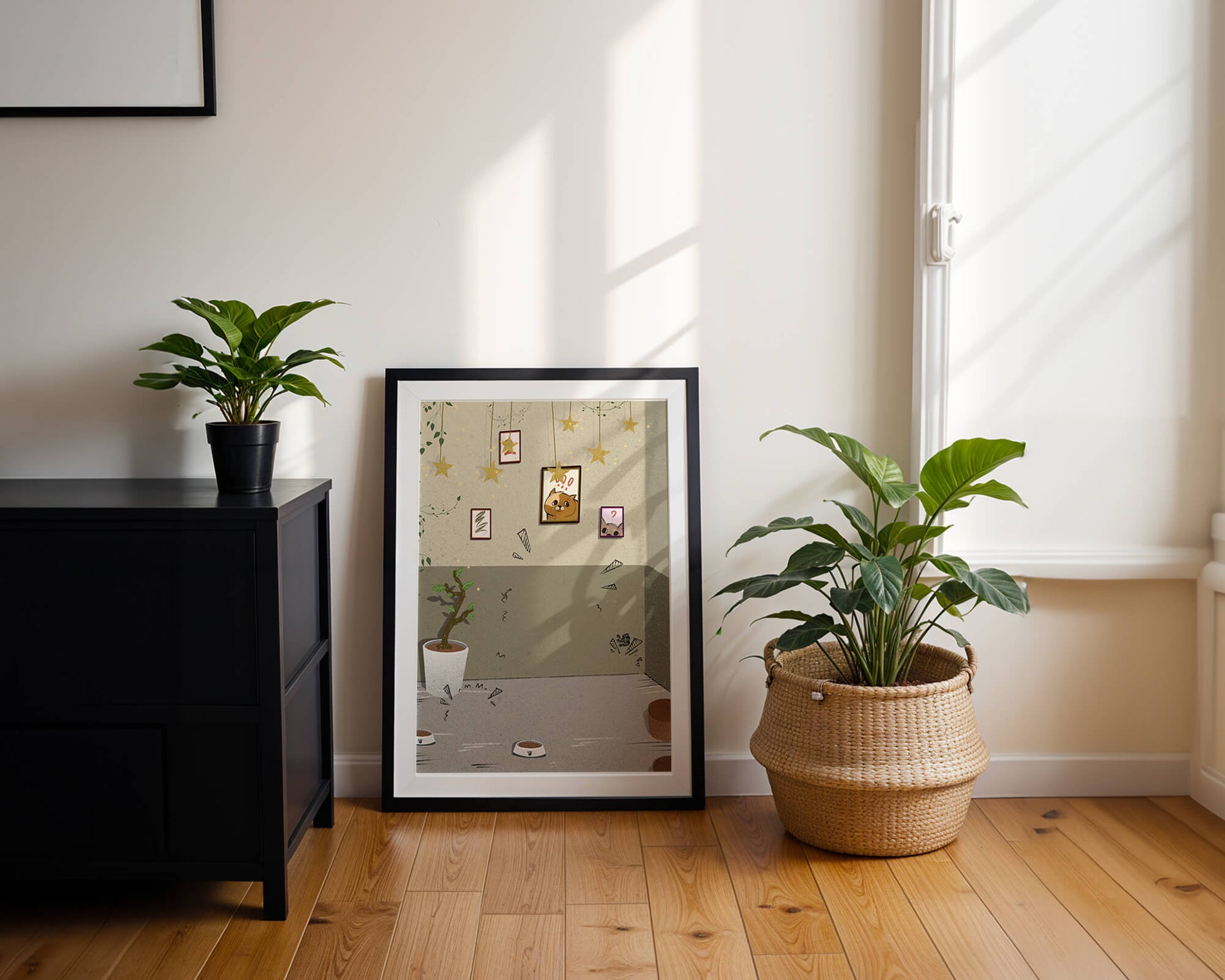 Cozy Room with Star Decorations and Cat Artwork