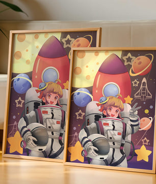 Ilustración de una chica astronauta con temática espacial