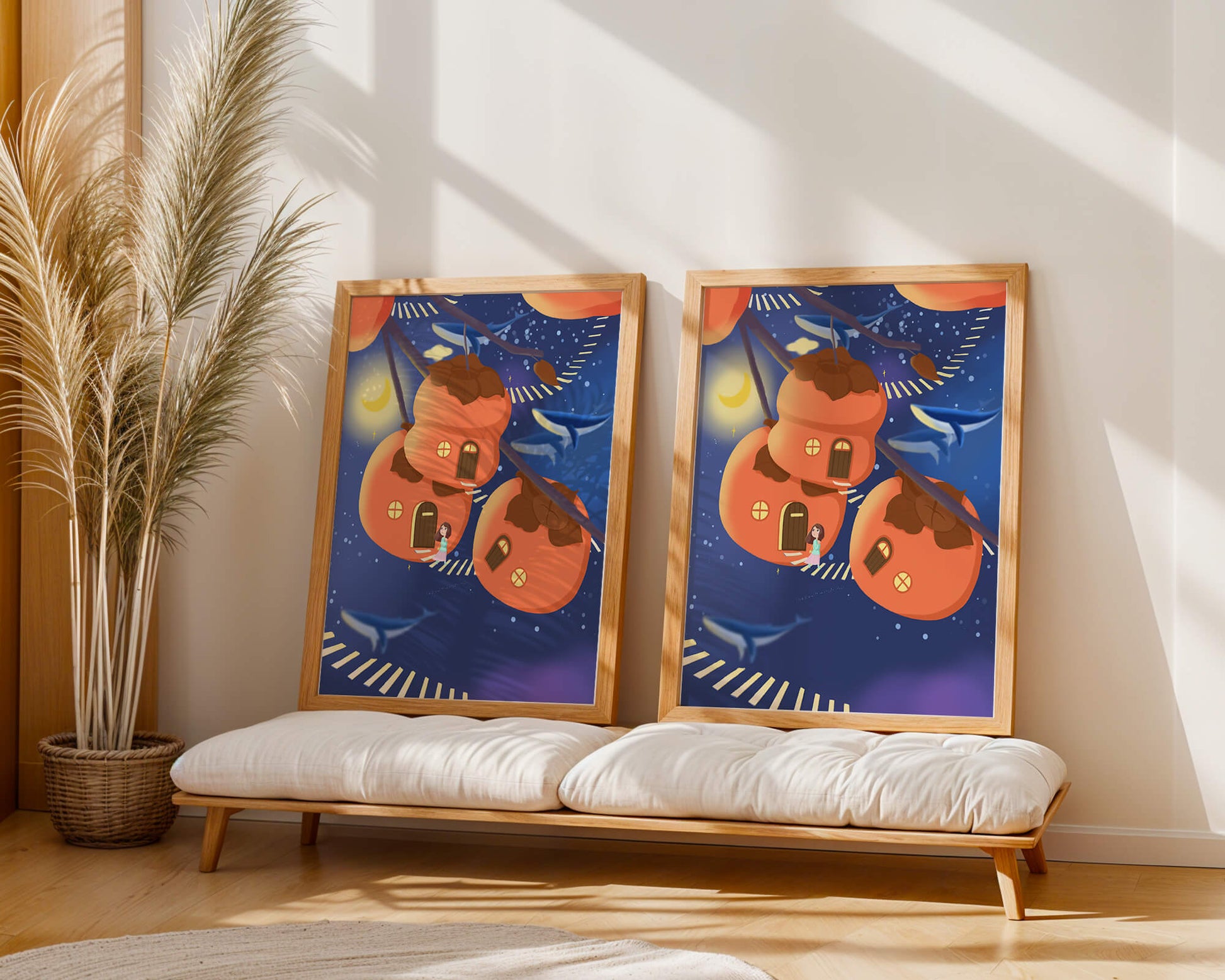 Whimsical night scene with floating persimmon houses and swimming whales