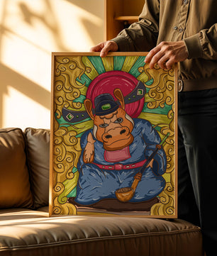 Ilustración colorida de un personaje animal caprichoso con alrededores ornamentados