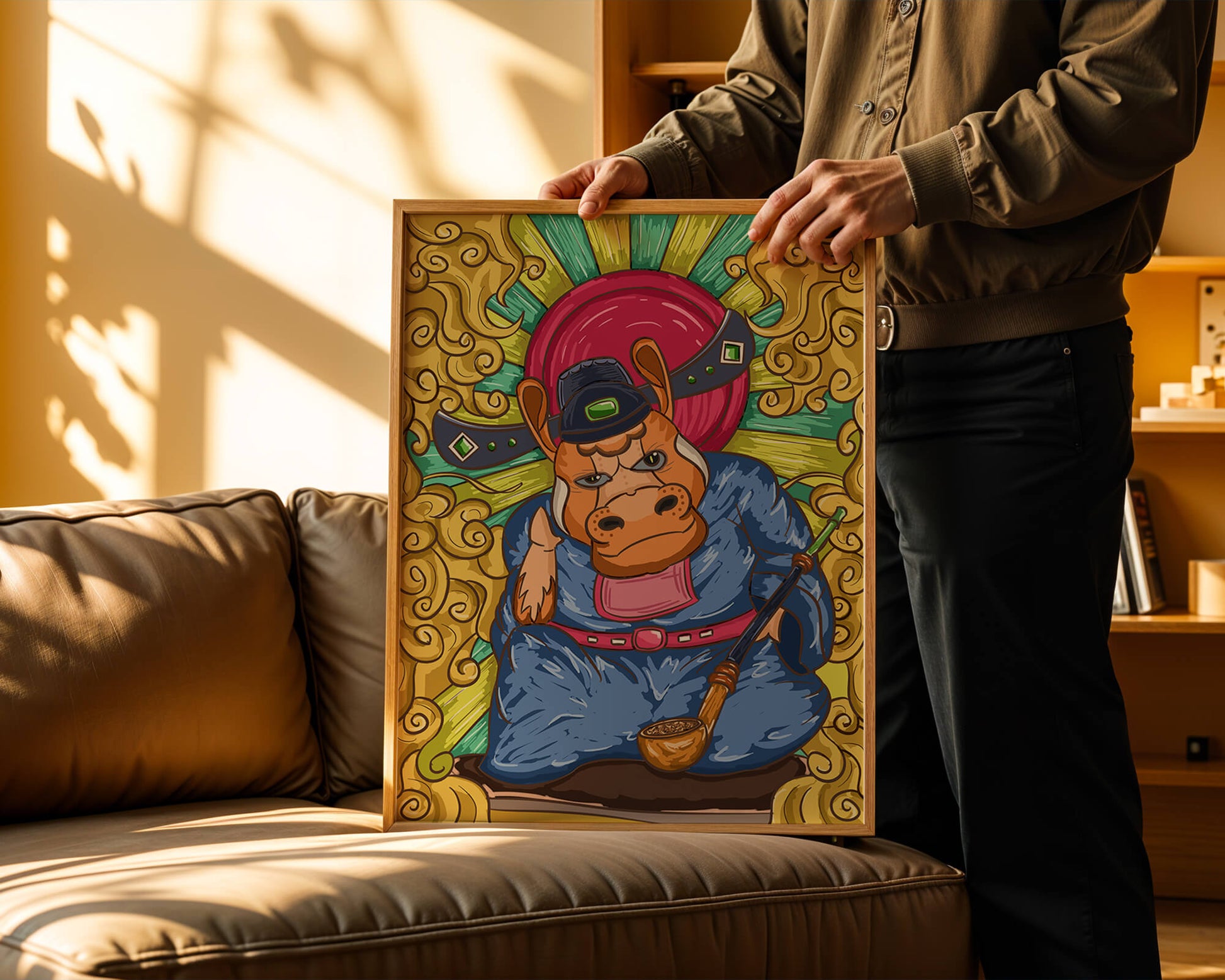 Traducción al español: Ilustración colorida de un personaje animal caprichoso con decoraciones ornamentadas a su alrededor.