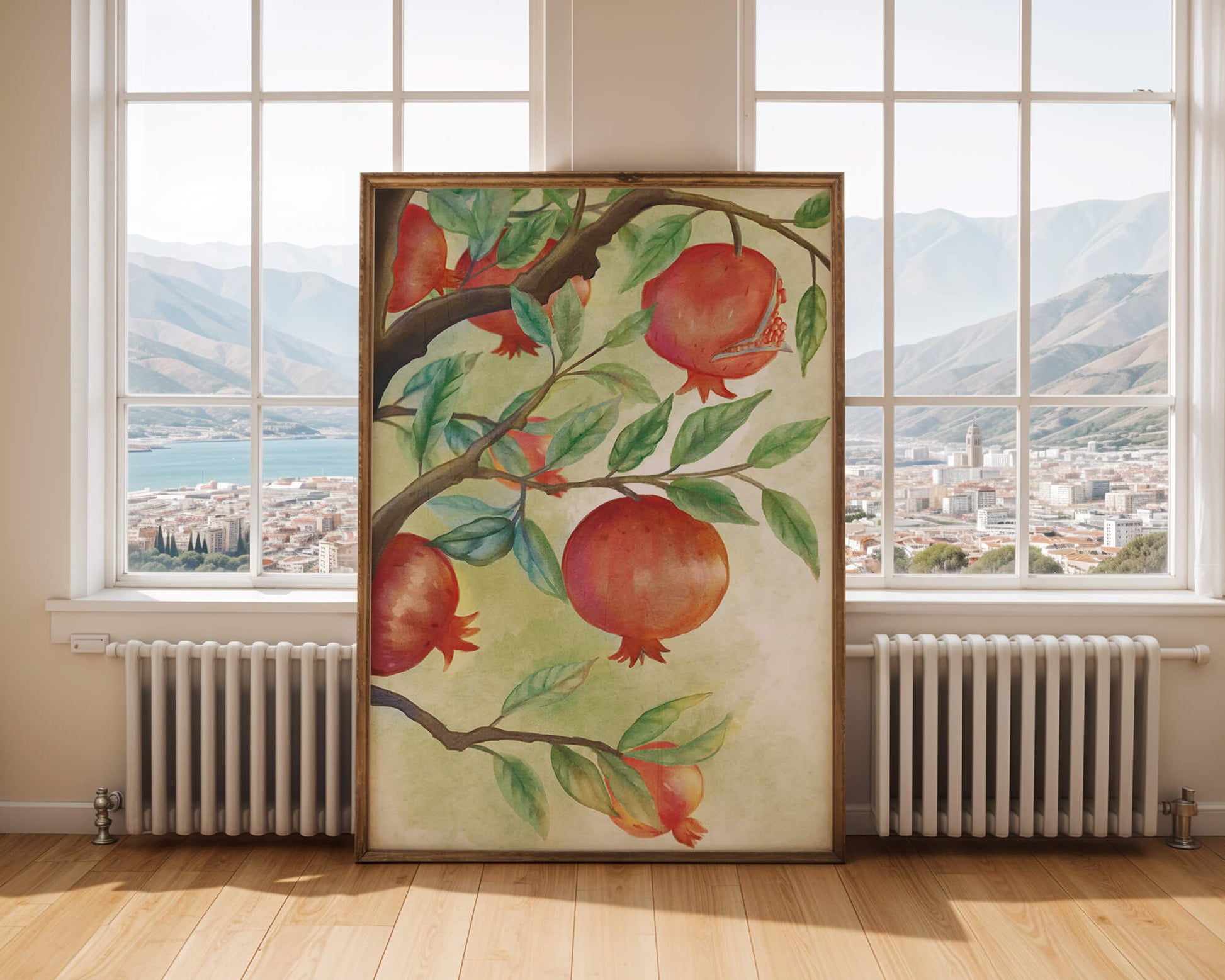 Watercolor Pomegranate Tree Branch with Fruits and Leaves