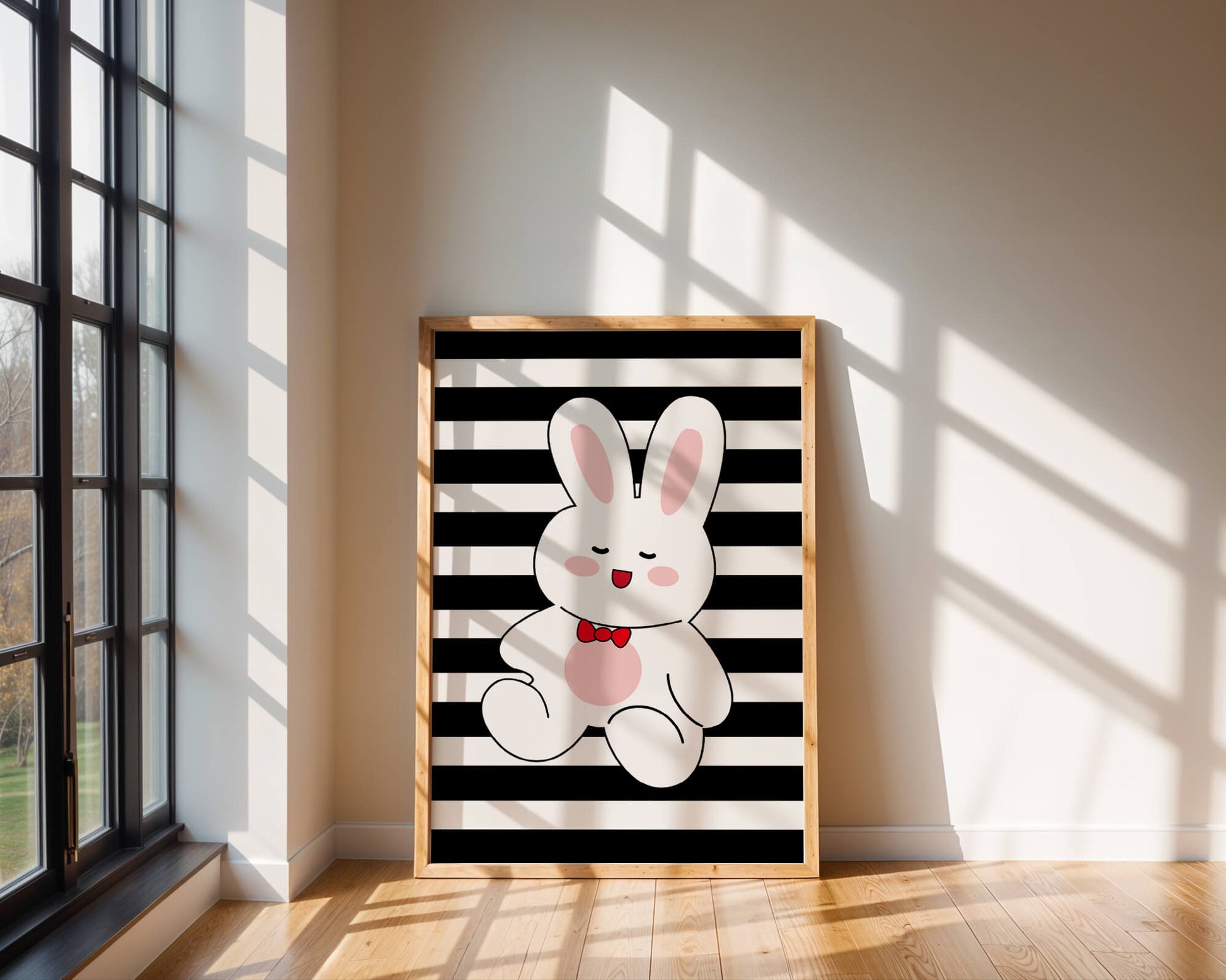 Adorable cartoon bunny with bold stripes and a red bow tie