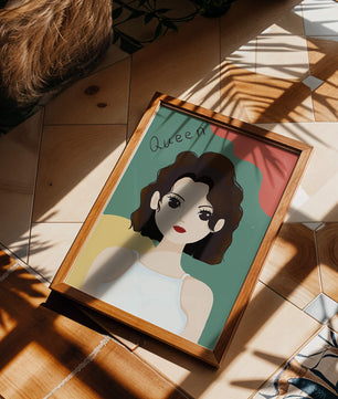 Stylized illustration of a confident woman with abstract background