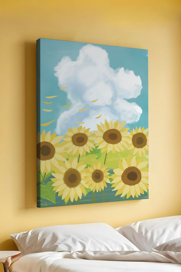 Girasoles en un prado brillante con cielo azul y nubes