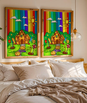 Whimsical candy house in a vibrant rainbow landscape