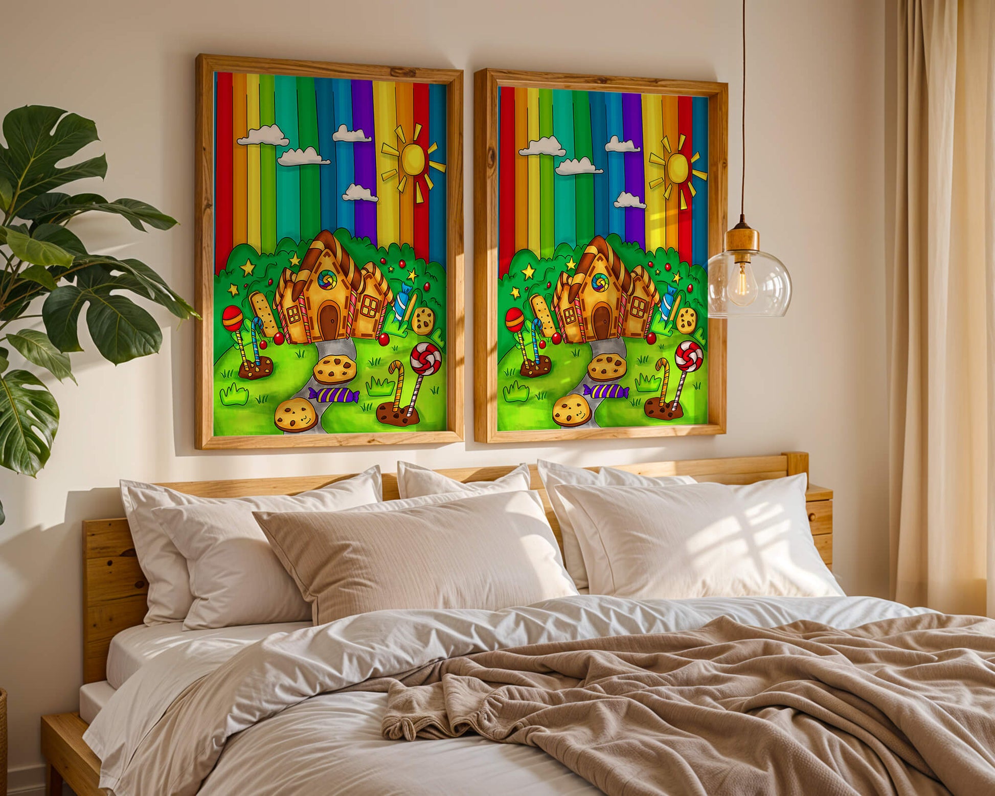 Whimsical candy house in a vibrant rainbow landscape